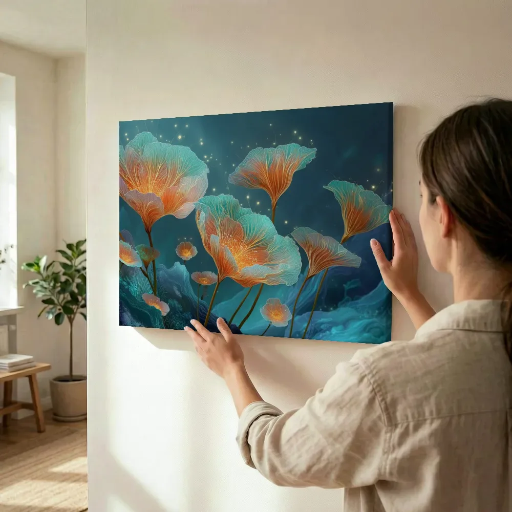 Sfeerimpressie: Kristalbloesems in turquoise licht terwijl het wordt opgehangen