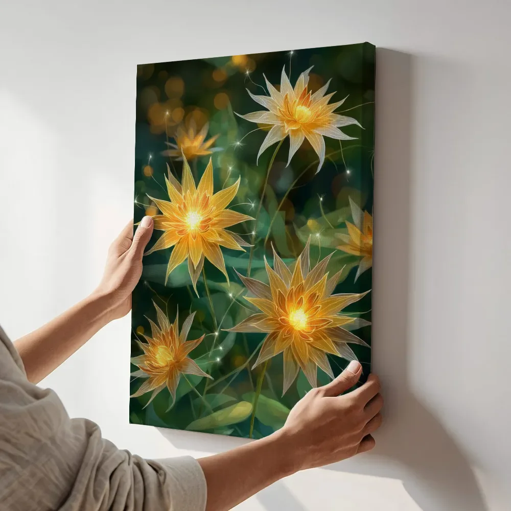 Sfeerimpressie: Gloeiende sterbloemen in het donker terwijl het aan de muur wordt gehangen