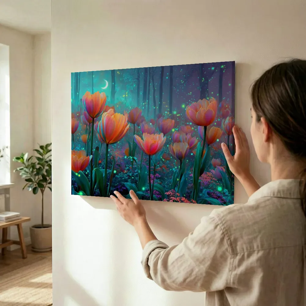 Sfeerimpressie: Gloeiende tulpen bij maanlicht terwijl het wordt opgehangen