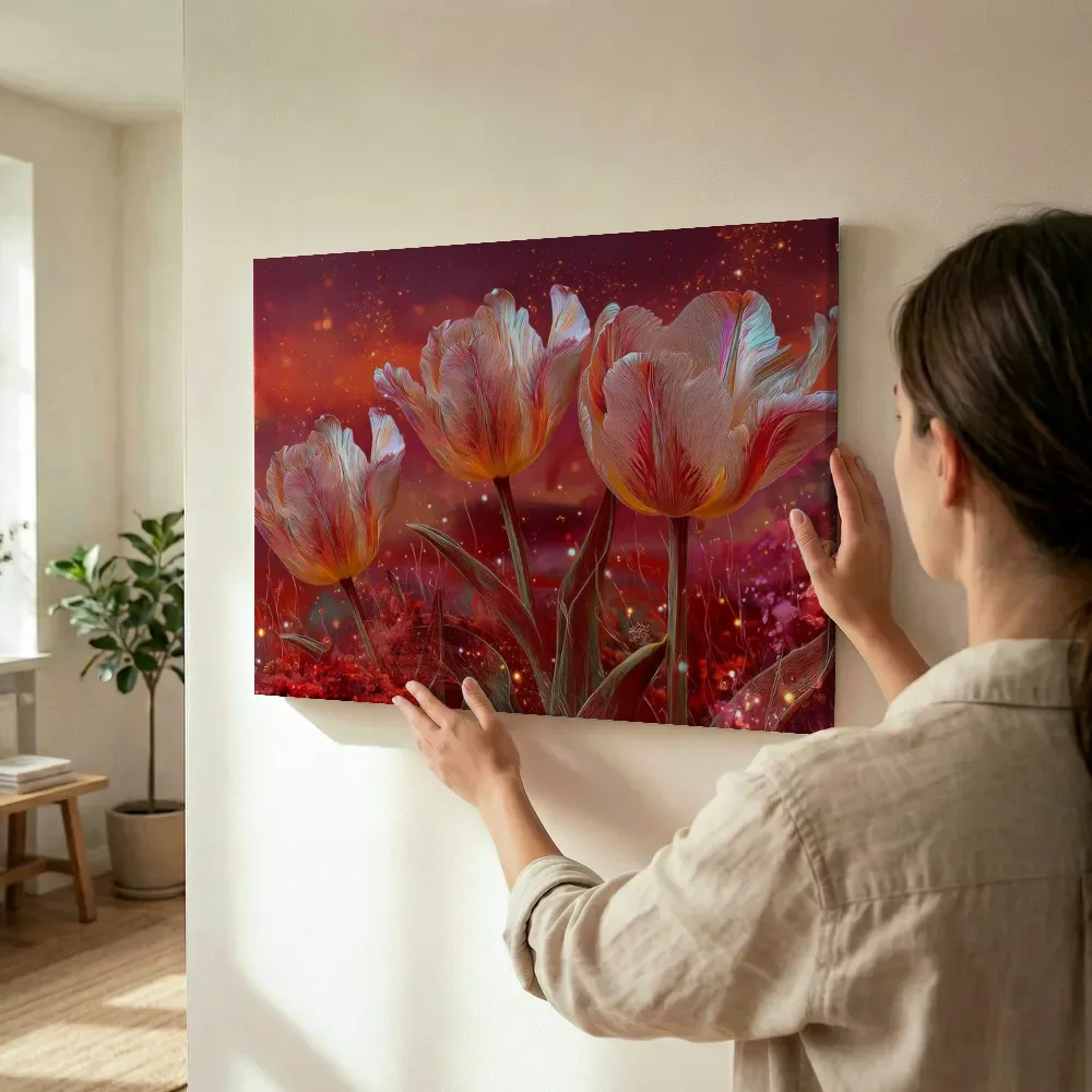 Sfeerimpressie: Tulpen in gloeiend schemerlicht terwijl het wordt opgehangen