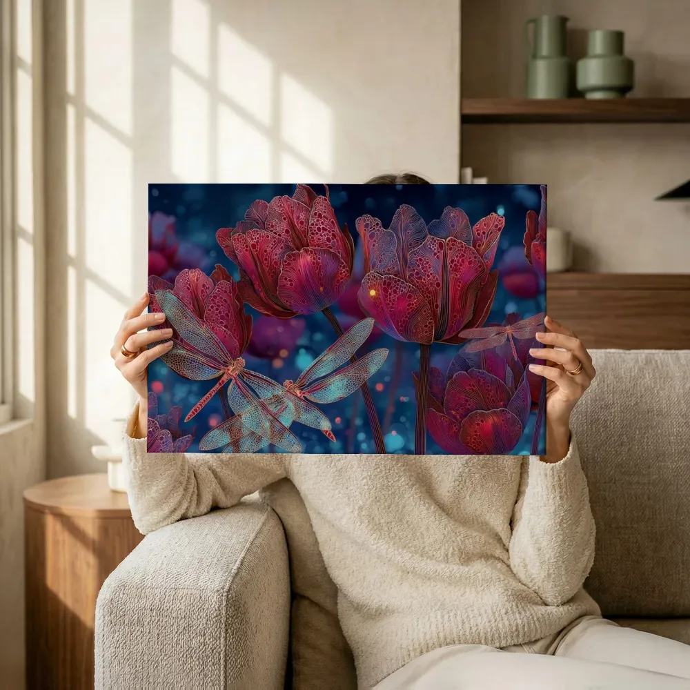 Sfeerimpressie: Tulpen in libellenlicht terwijl het omhoog wordt gehouden