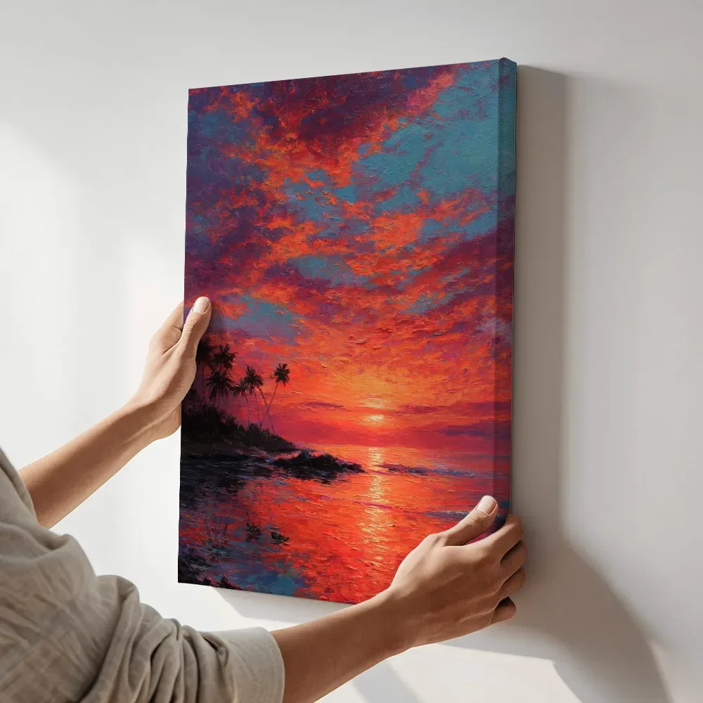 Sfeerimpressie: Gloeiende zonsondergang bij palmeneiland terwijl het aan de muur wordt gehangen
