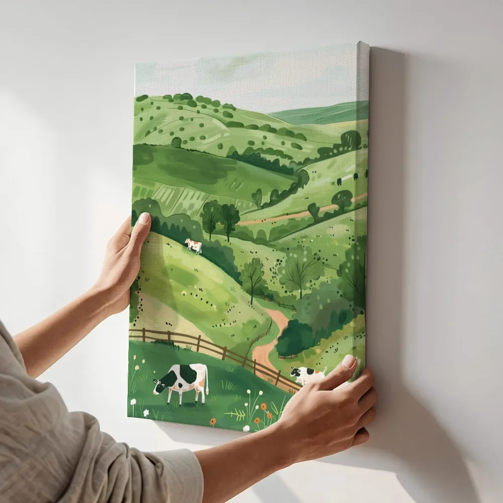 Sfeerimpressie: Glooiend landschap met koeien terwijl het aan de muur wordt gehangen