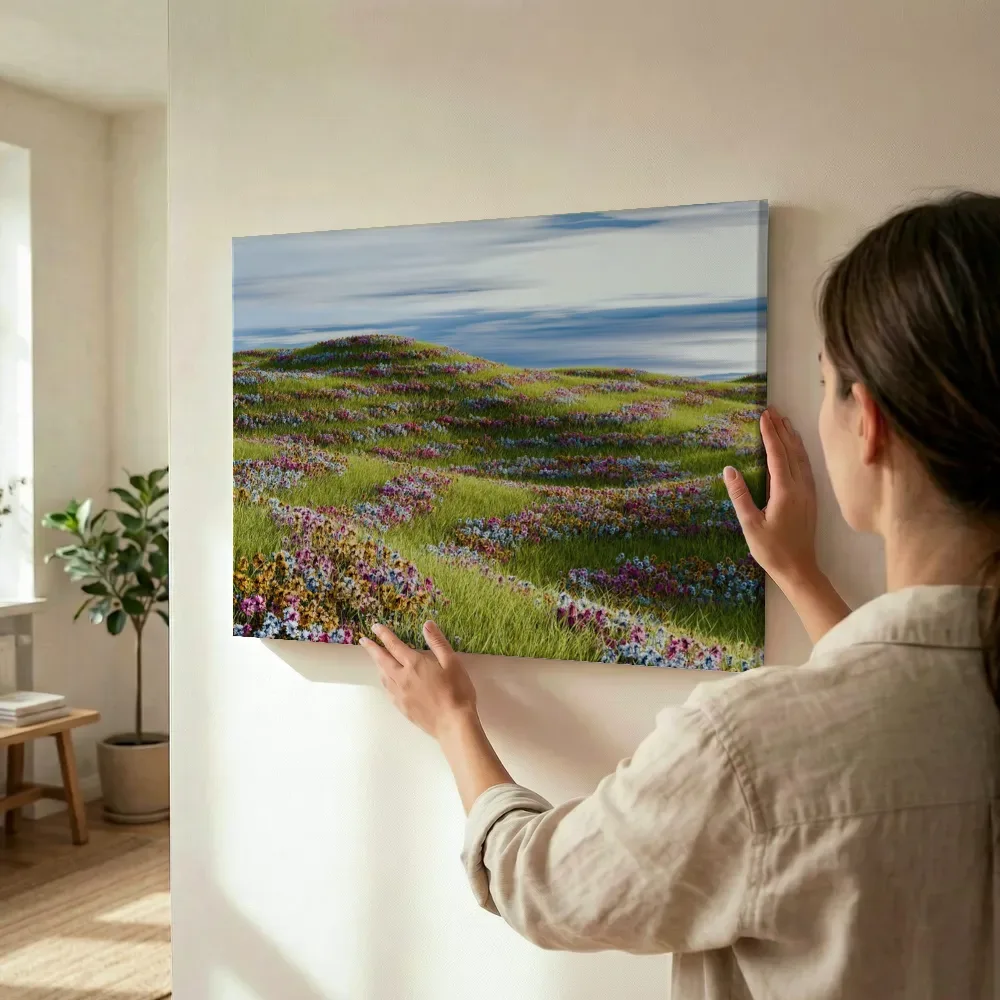 Sfeerimpressie: Glooiende heuvels vol pastelkleurige bloementapijten terwijl het wordt opgehangen