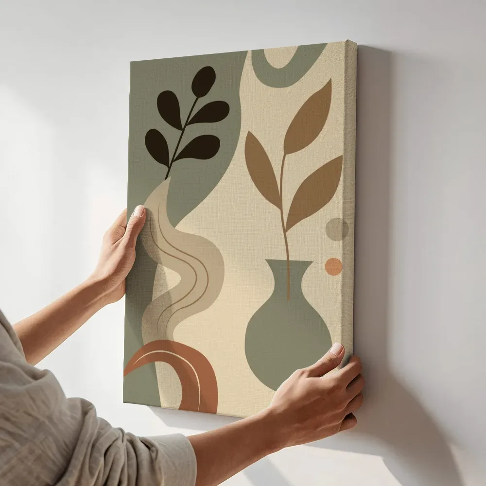 Sfeerimpressie: Golvende abstracte vormen met vaas terwijl het aan de muur wordt gehangen
