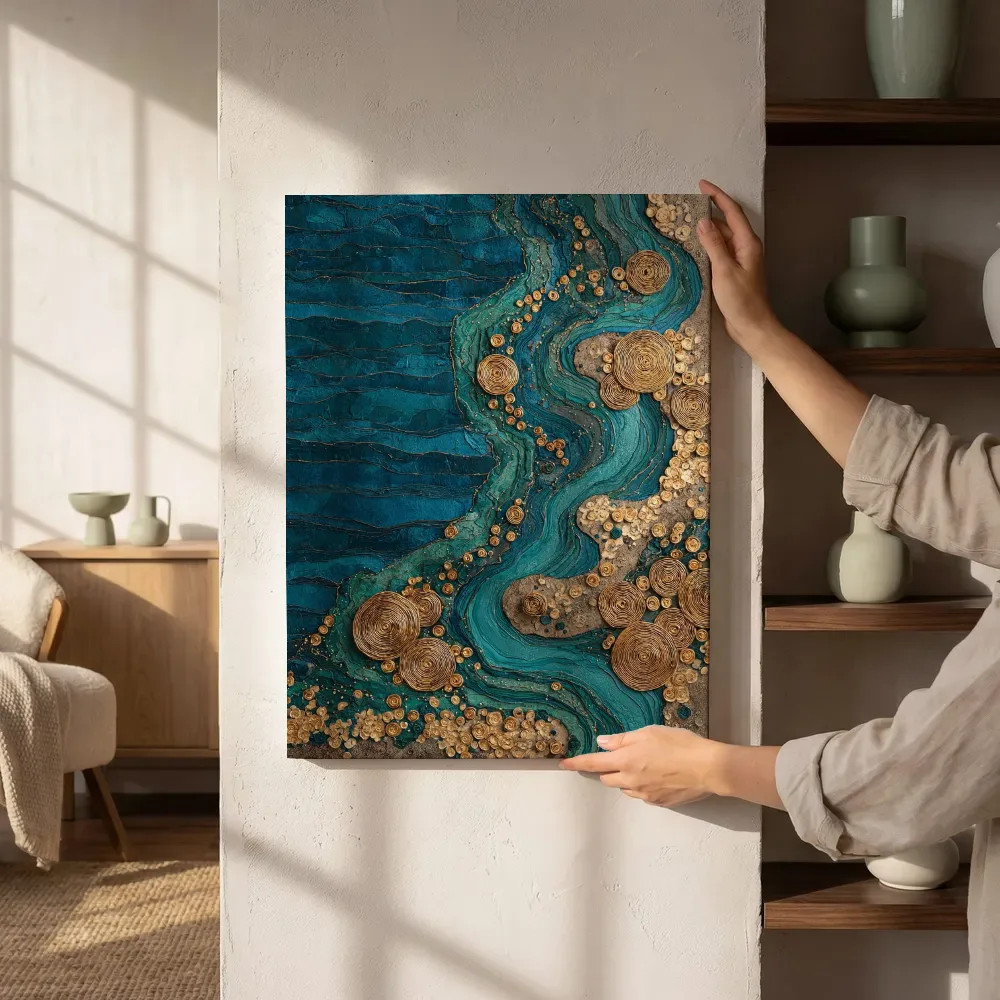 Sfeerimpressie: Golvende blauwe textuur met goud naast de kast