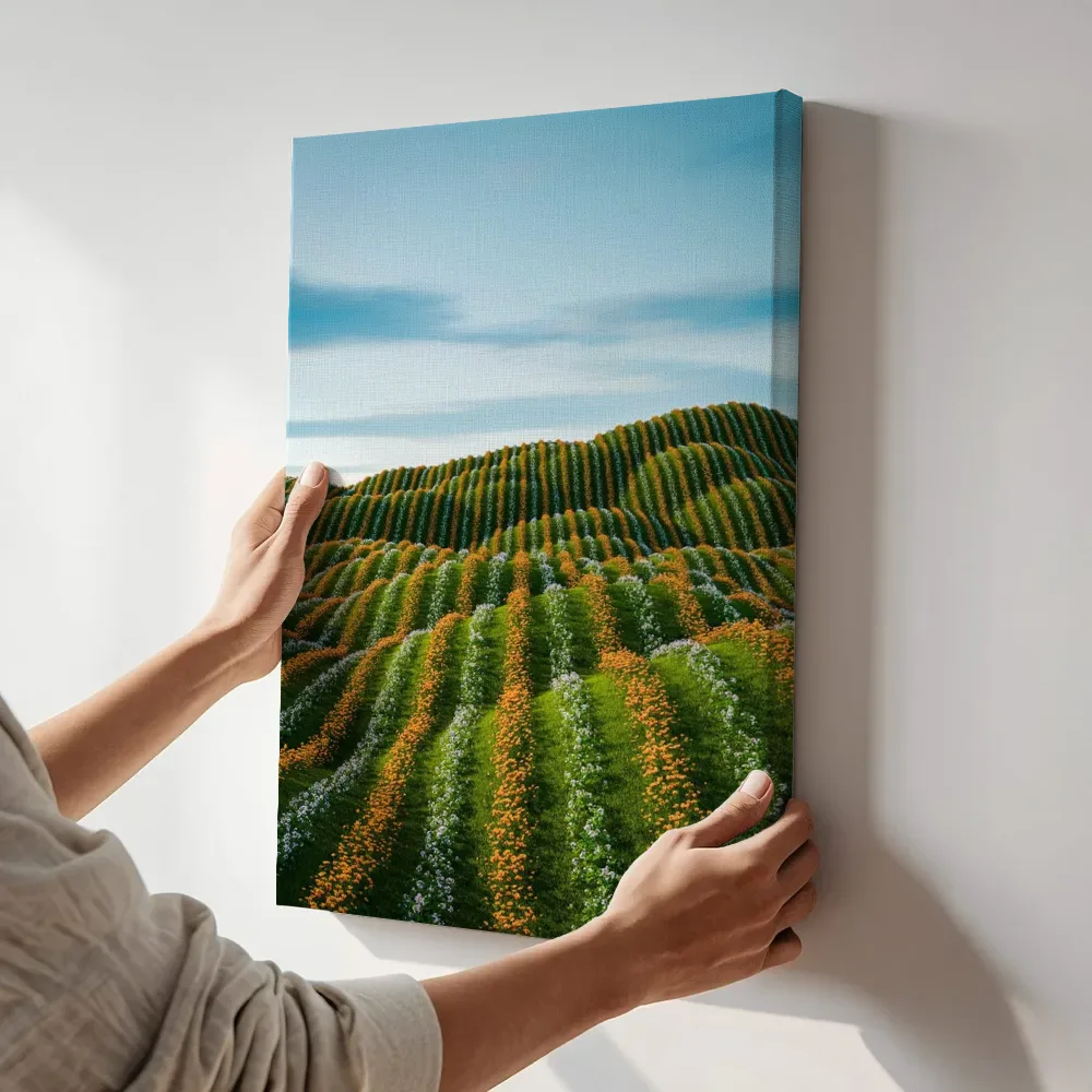 Sfeerimpressie: Golvende bloemenrijen op de heuvel terwijl het aan de muur wordt gehangen