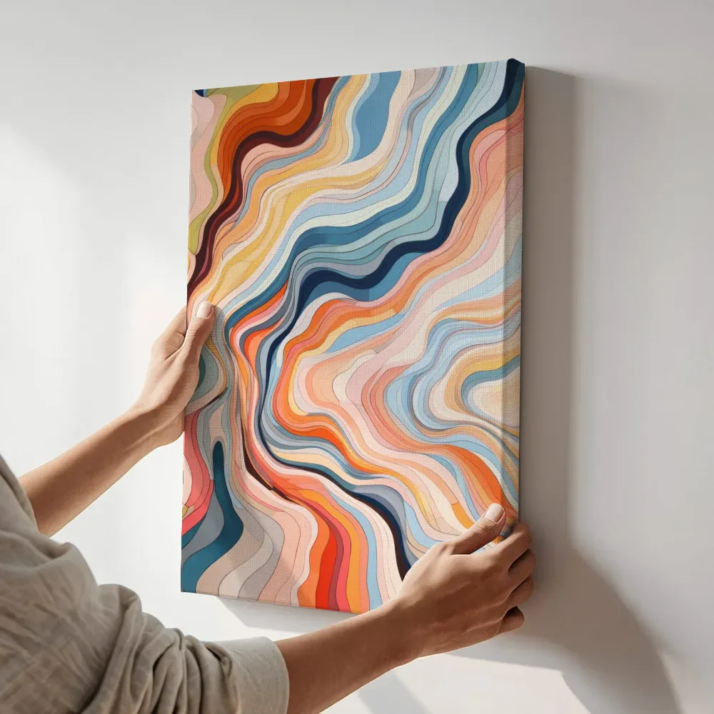Sfeerimpressie: Golvende pastelstromen terwijl het aan de muur wordt gehangen