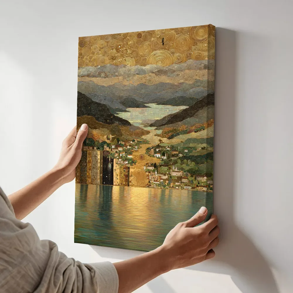 Sfeerimpressie: Gouden berglandschap meer terwijl het aan de muur wordt gehangen