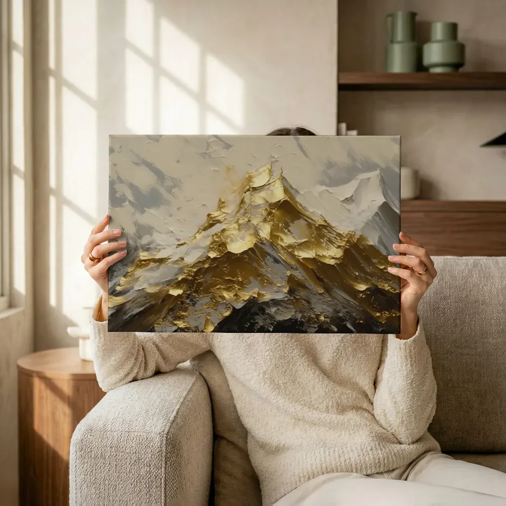 Sfeerimpressie: Gouden bergtop onder een grijze lucht terwijl het wordt opgehangen