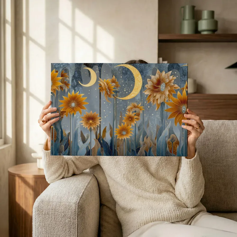 Sfeerimpressie: Gouden bloemen onder de tweelingmanen terwijl het omhoog wordt gehouden