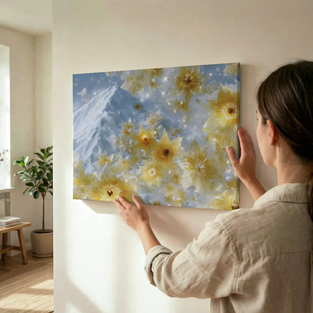 Sfeerimpressie: Gouden bloesems bij de besneeuwde bergtop terwijl het wordt opgehangen