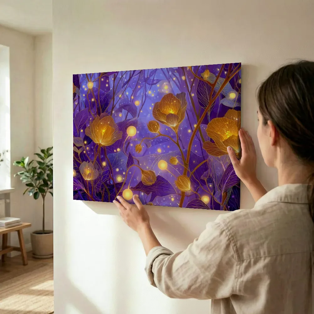 Sfeerimpressie: Gouden bloesems in purperen schemering terwijl het wordt opgehangen