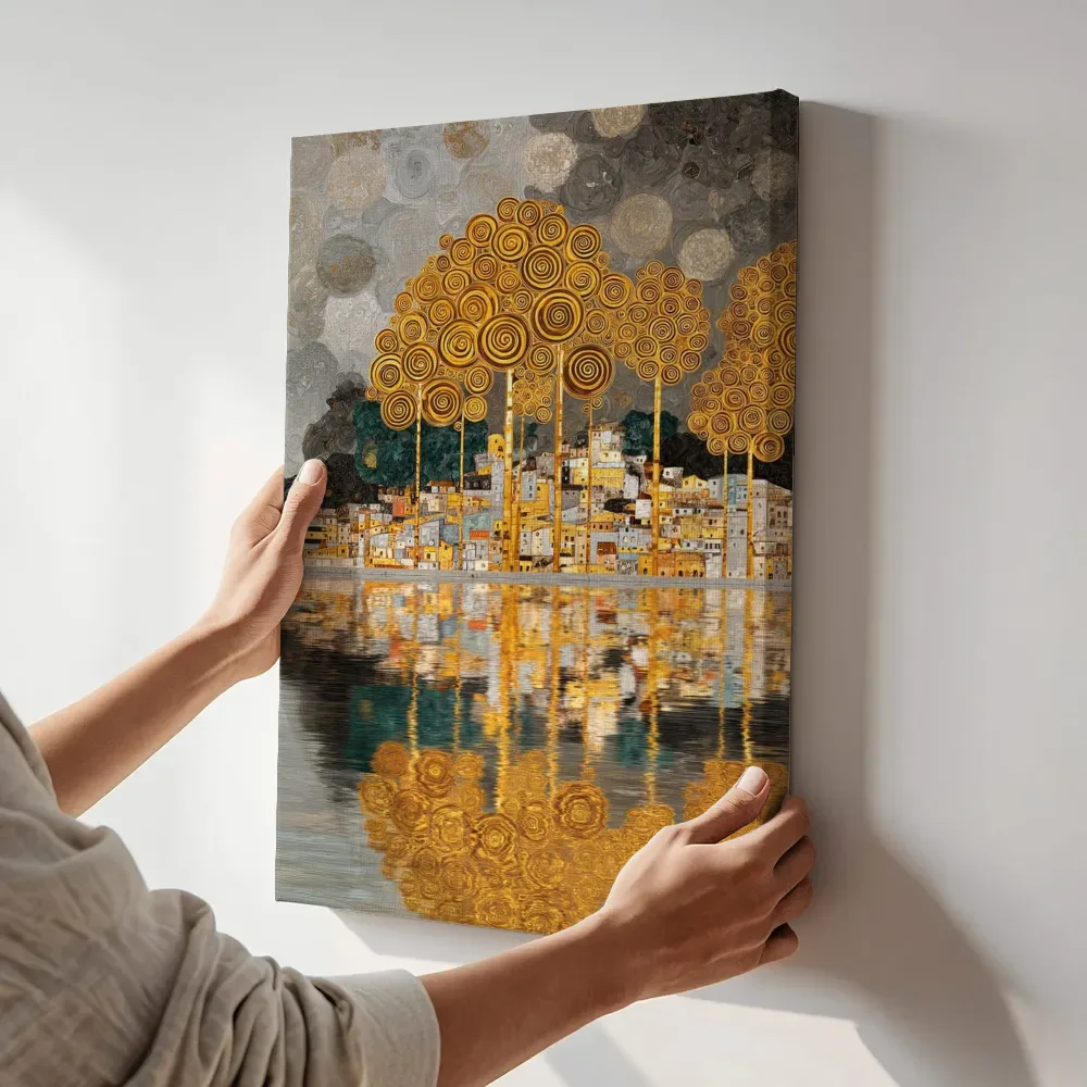 Sfeerimpressie: Gouden bomen boven dorp terwijl het aan de muur wordt gehangen