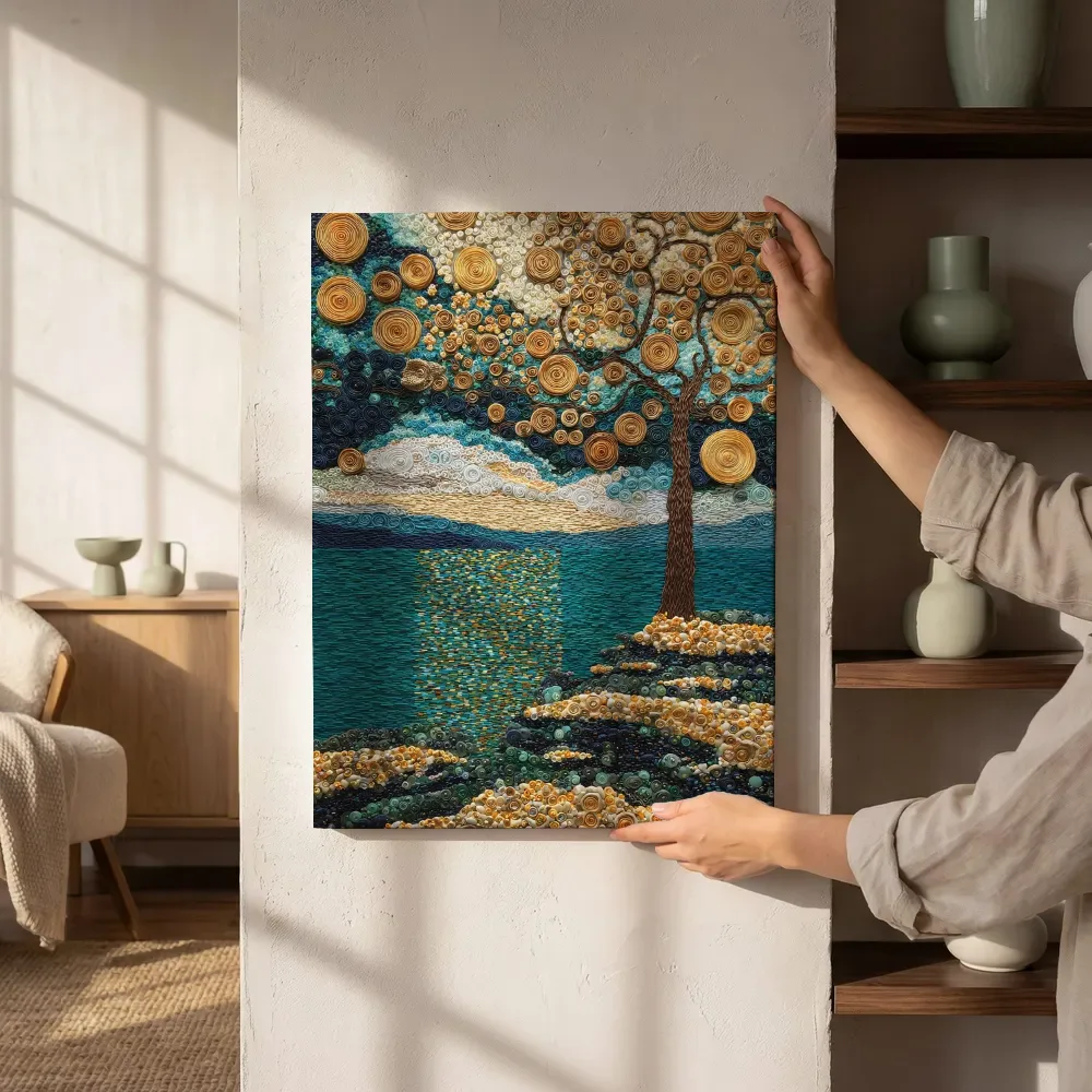 Sfeerimpressie: Gouden boom met spiralen aan het meer schilderij naast de kast