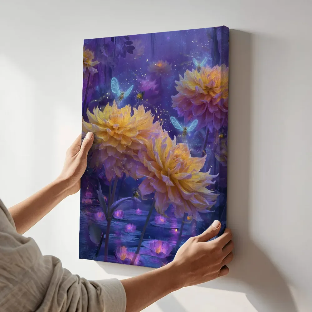 Sfeerimpressie: Gouden dahlia's bij de maanverlichte vijver terwijl het aan de muur wordt gehangen