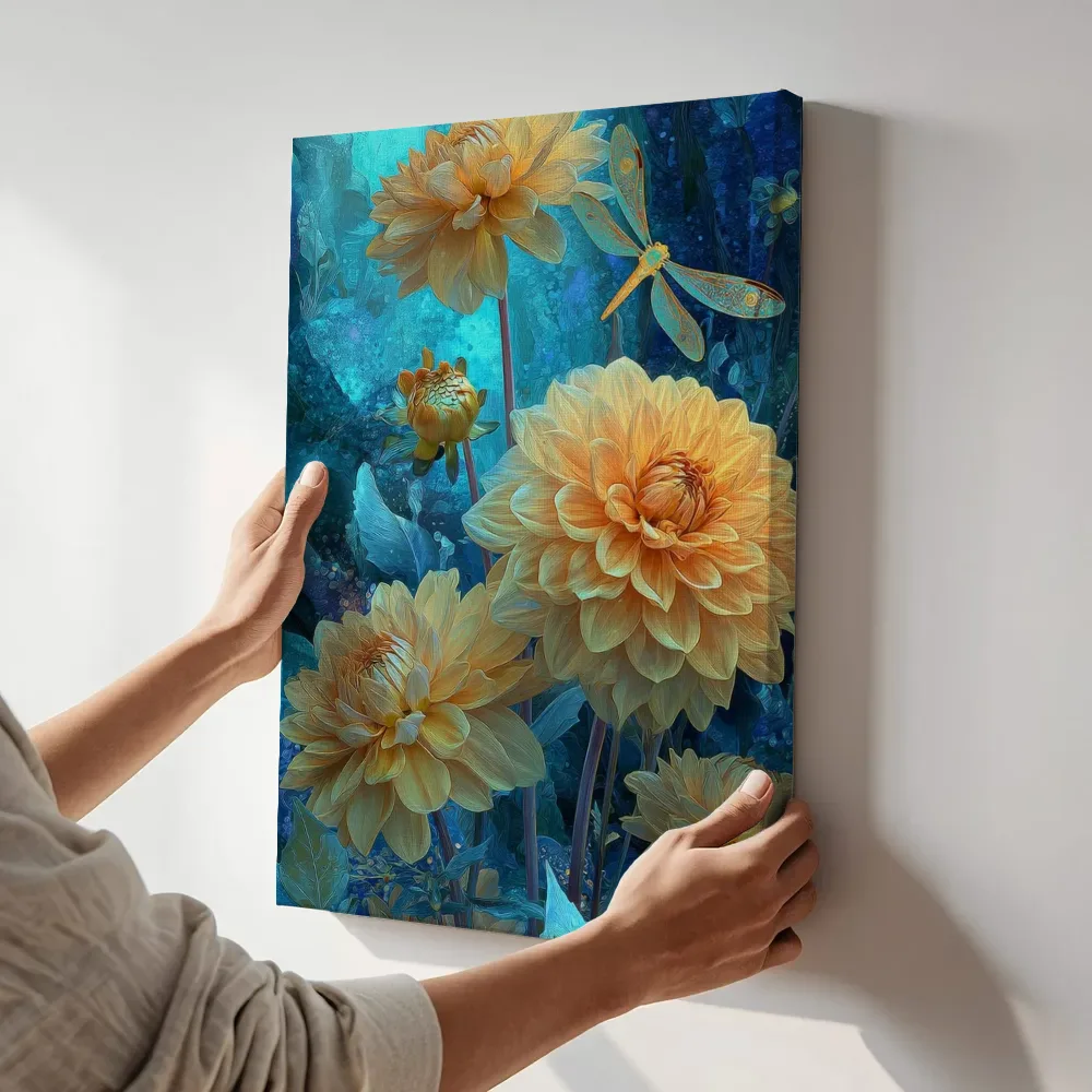 Sfeerimpressie: Gouden dahlia's in het maanlicht terwijl het aan de muur wordt gehangen