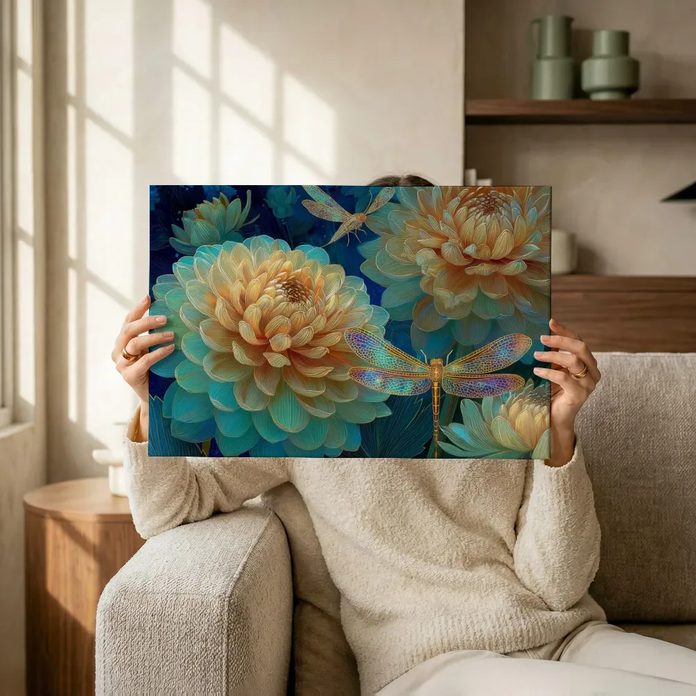 Sfeerimpressie: Gouden dahlia's met libelle terwijl het omhoog wordt gehouden