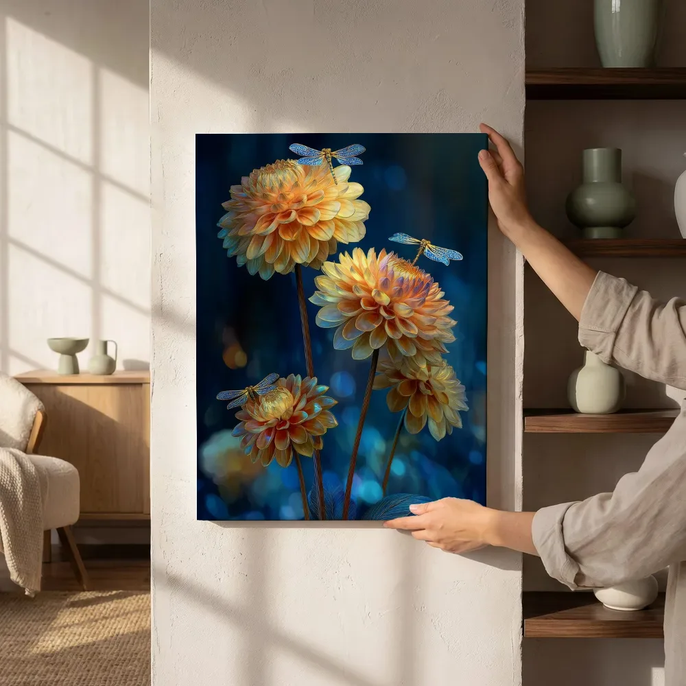 Sfeerimpressie: Gouden dahlia's met dansende libellen naast de kast