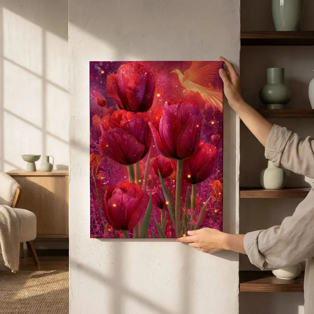 Sfeerimpressie: De gouden feniks tussen de tulpen naast de kast