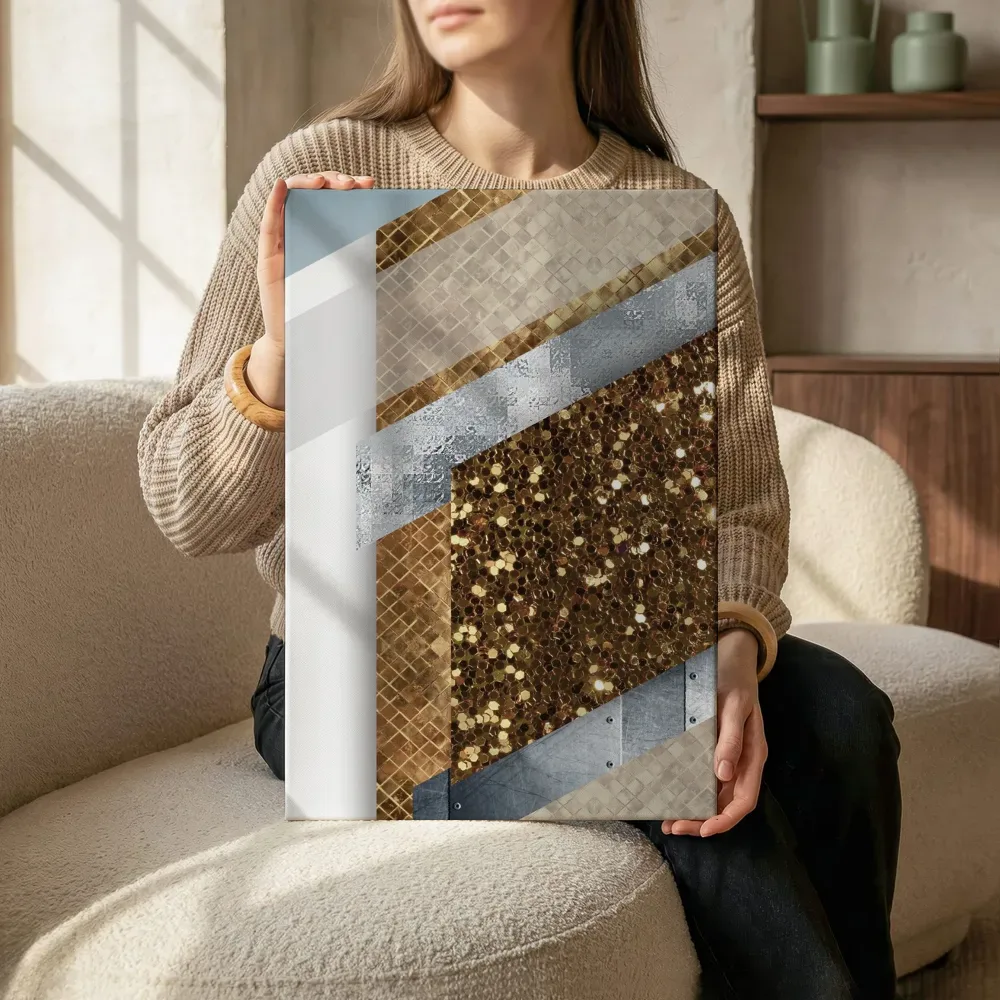 Sfeerimpressie: Gouden glitter mozaïek met luchtblauw accent terwijl het zittend wordt getoond