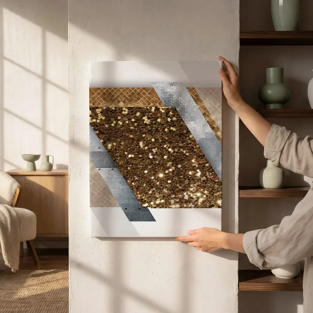 Sfeerimpressie: Gouden glitter en mozaïek diagonaal met metaal naast de kast