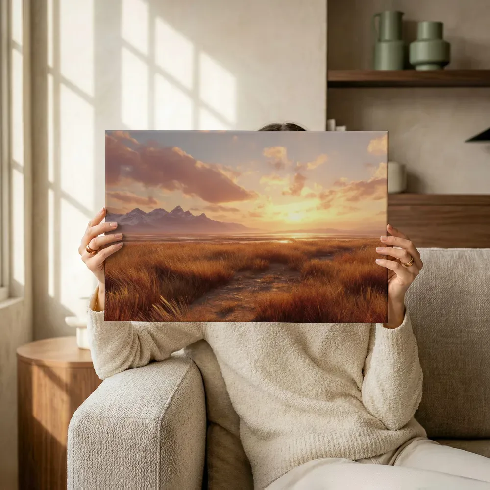 Sfeerimpressie: Gouden graslandschap bij zonsondergang terwijl het omhoog wordt gehouden