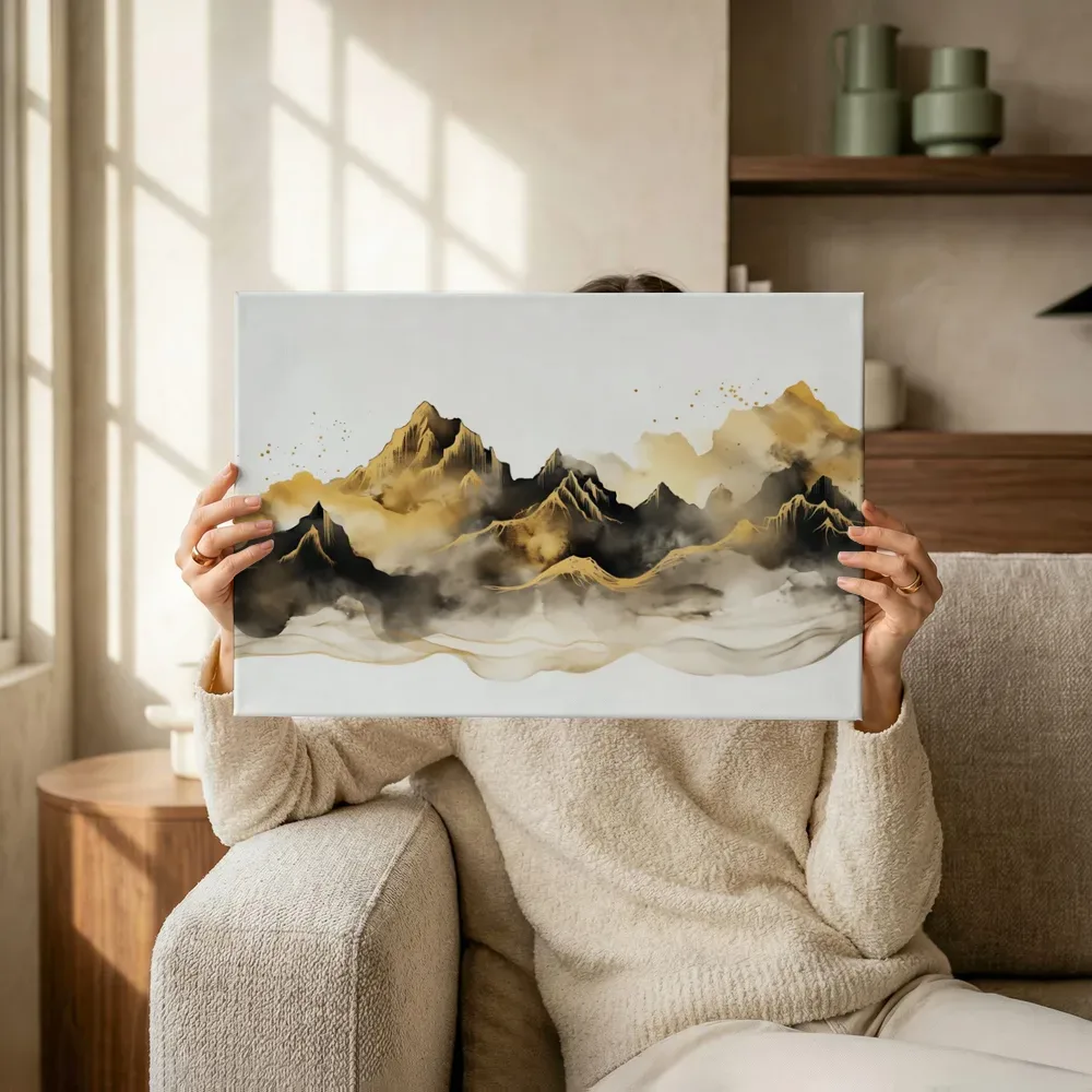 Sfeerimpressie: Gouden inkt bergketen met spatten terwijl het omhoog wordt gehouden