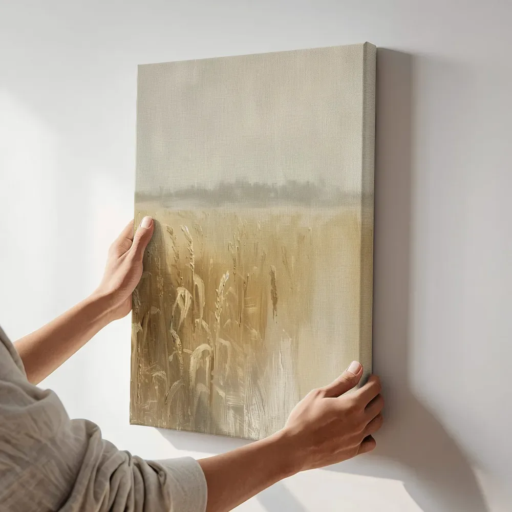 Sfeerimpressie: Gouden korenveld in de mist terwijl het aan de muur wordt gehangen