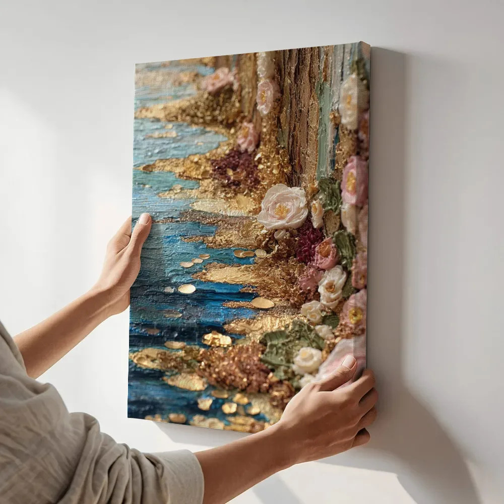 Sfeerimpressie: Gouden kust met rozen terwijl het aan de muur wordt gehangen