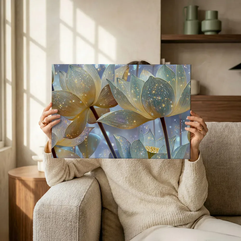 Sfeerimpressie: Gouden lotus in fonkelend licht terwijl het omhoog wordt gehouden
