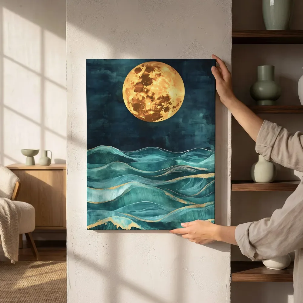 Sfeerimpressie: Gouden maan boven turquoise zee naast de kast
