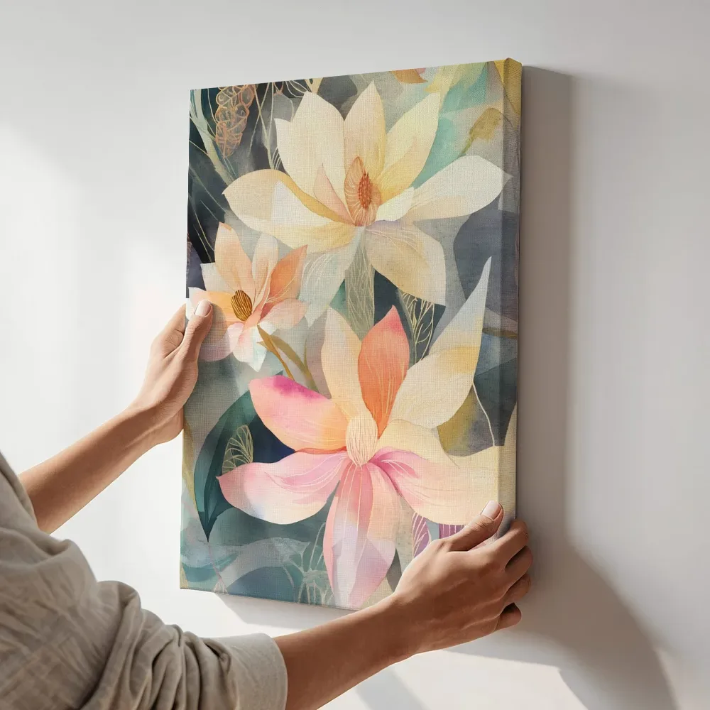 Sfeerimpressie: Gouden magnolia bloesem terwijl het aan de muur wordt gehangen