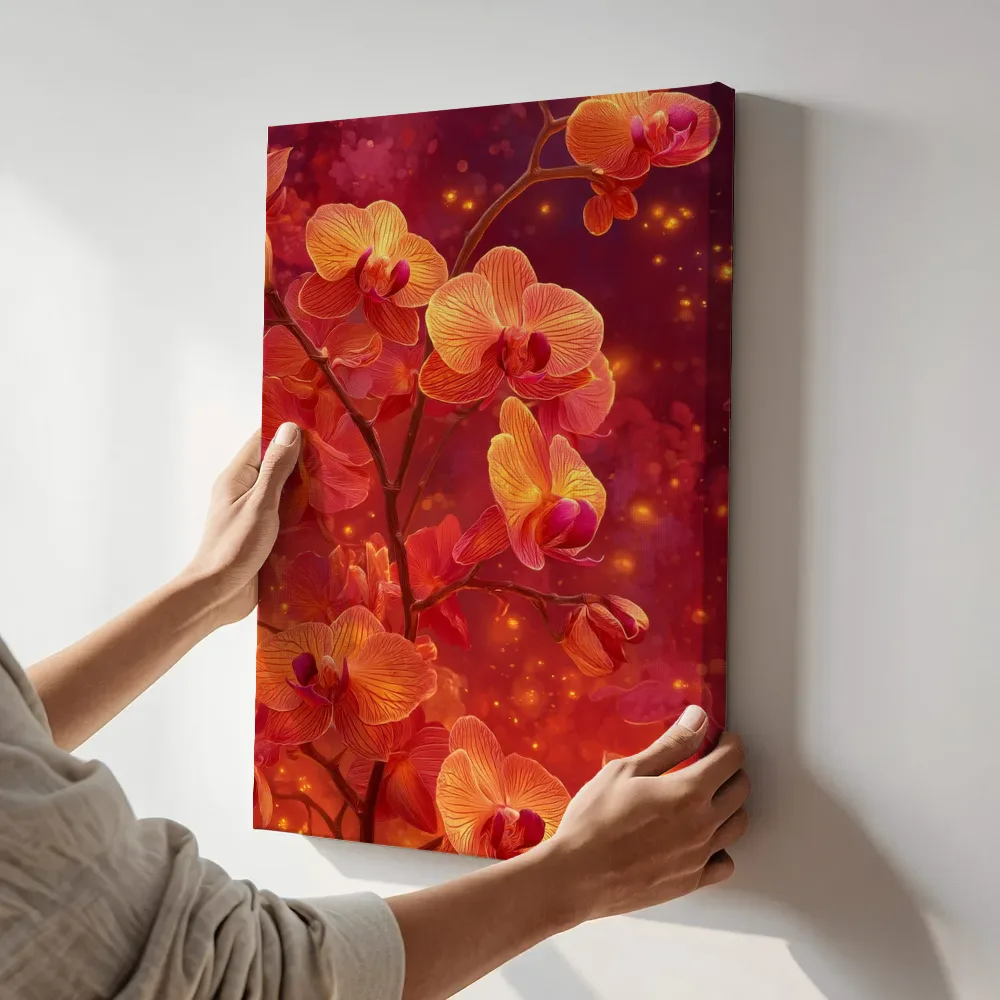 Sfeerimpressie: Gouden orchideeën in vuurgloed terwijl het aan de muur wordt gehangen