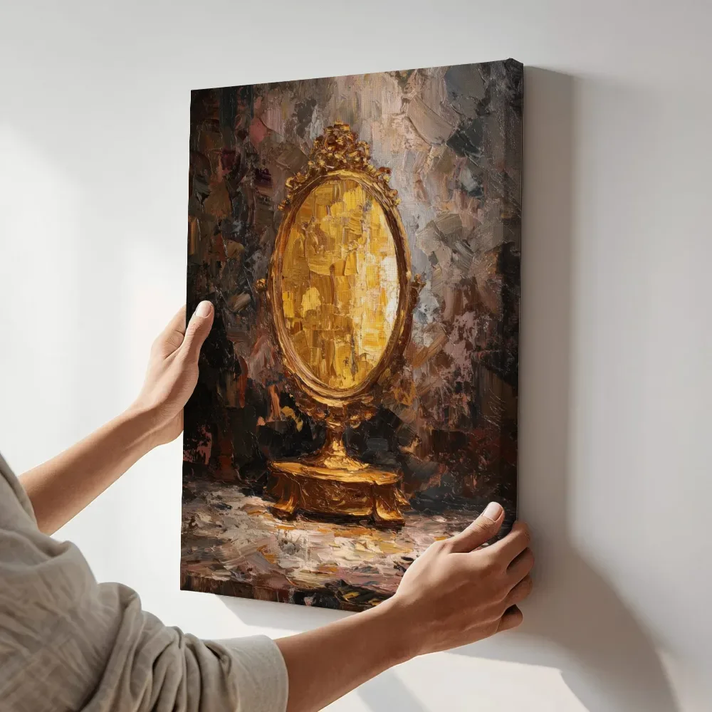 Sfeerimpressie: Gouden ovale spiegel terwijl het aan de muur wordt gehangen
