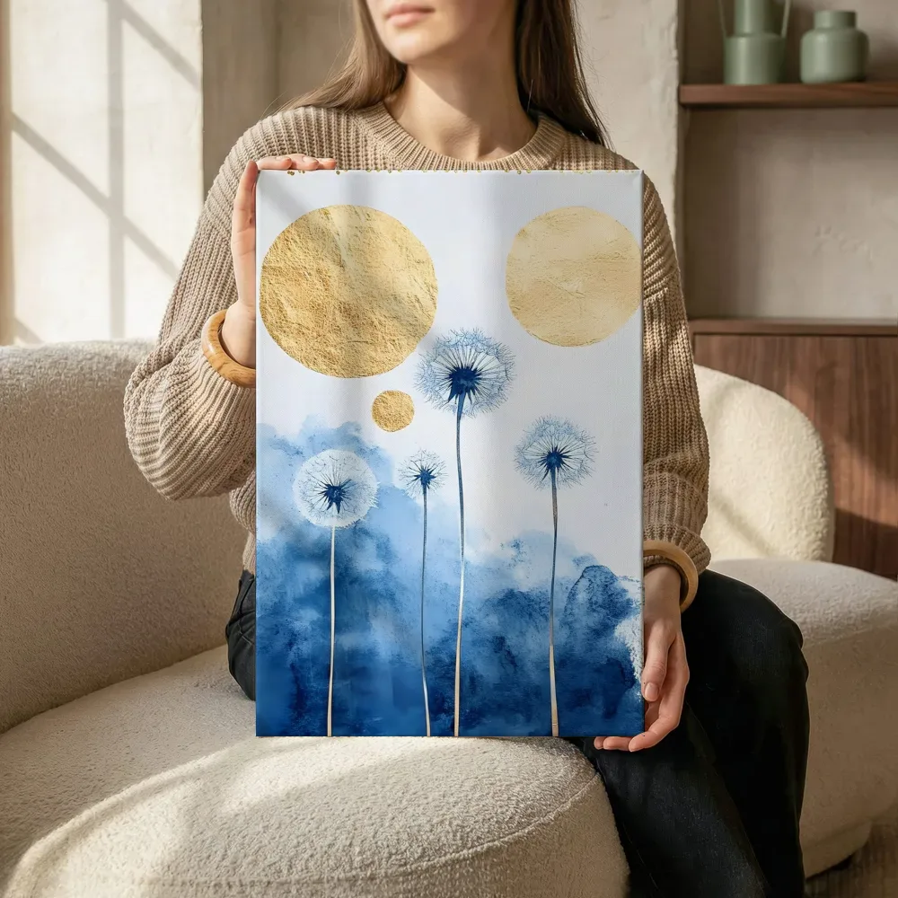 Sfeerimpressie: Gouden paardenbloemen op blauw terwijl het zittend wordt getoond