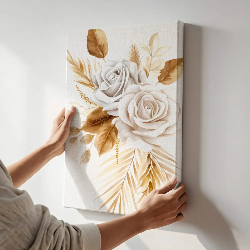 Sfeerimpressie: Gouden rozen boeket terwijl het aan de muur wordt gehangen