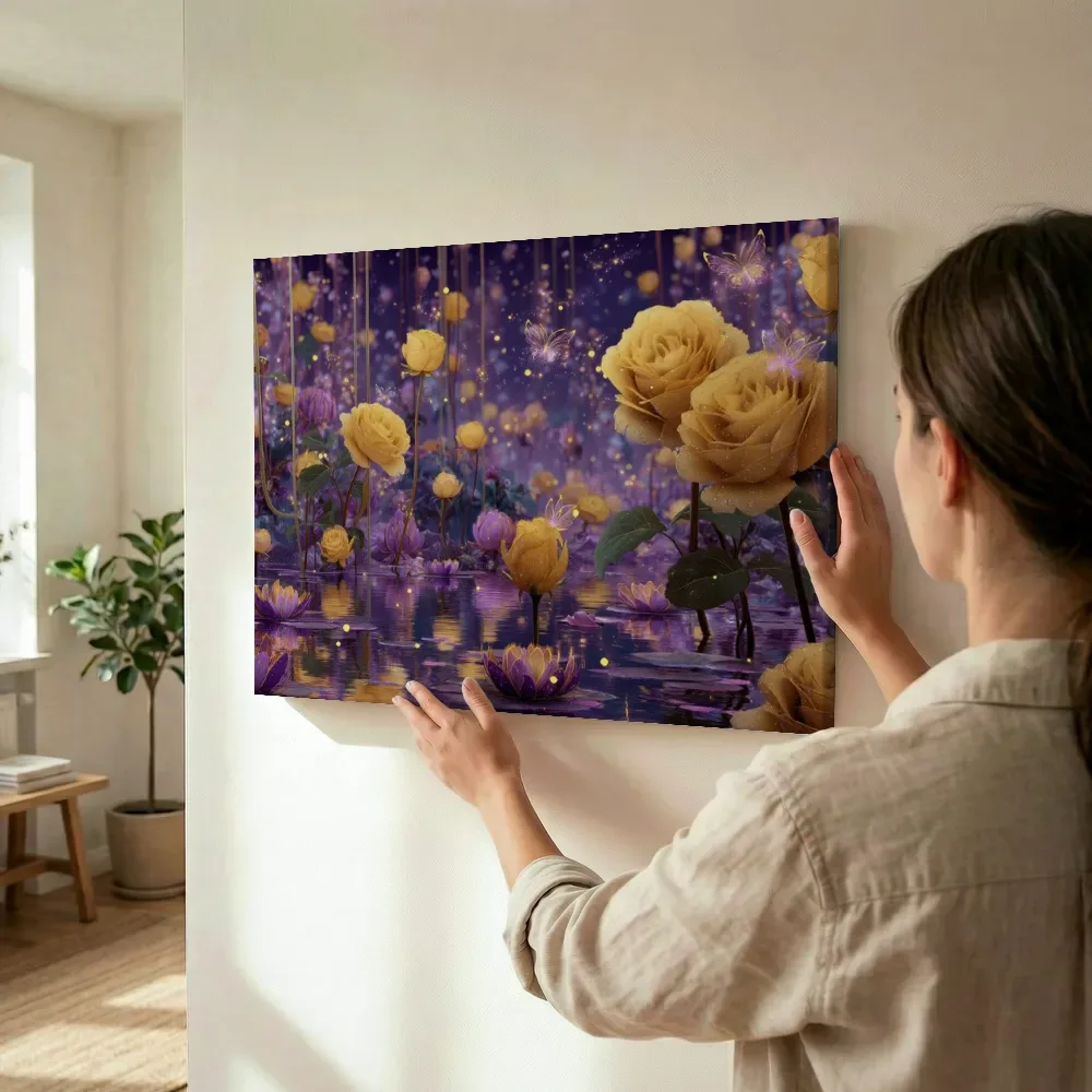 Sfeerimpressie: Gouden rozen in schemerlicht terwijl het wordt opgehangen