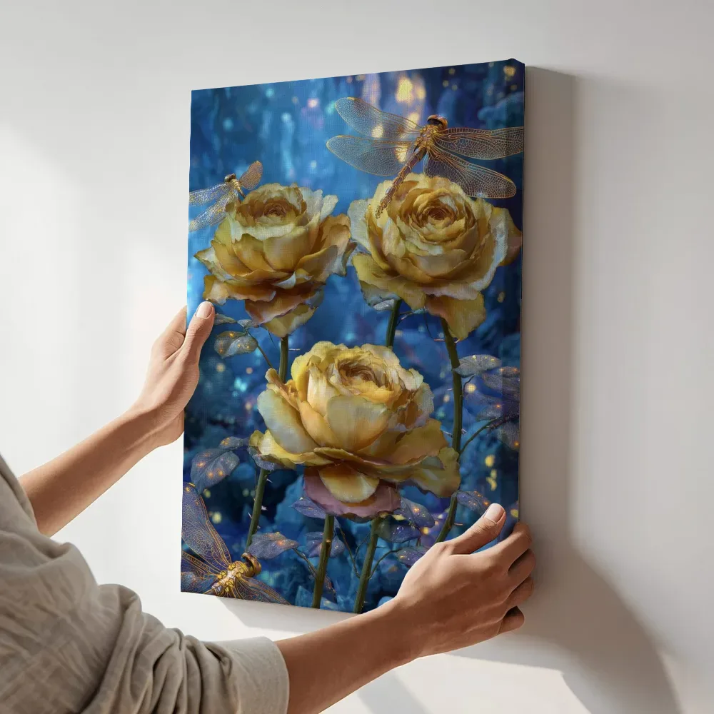 Sfeerimpressie: Gouden rozen omringd door libellen terwijl het aan de muur wordt gehangen