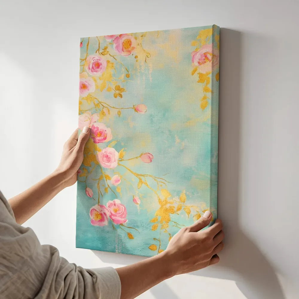 Sfeerimpressie: Gouden rozen takken terwijl het aan de muur wordt gehangen