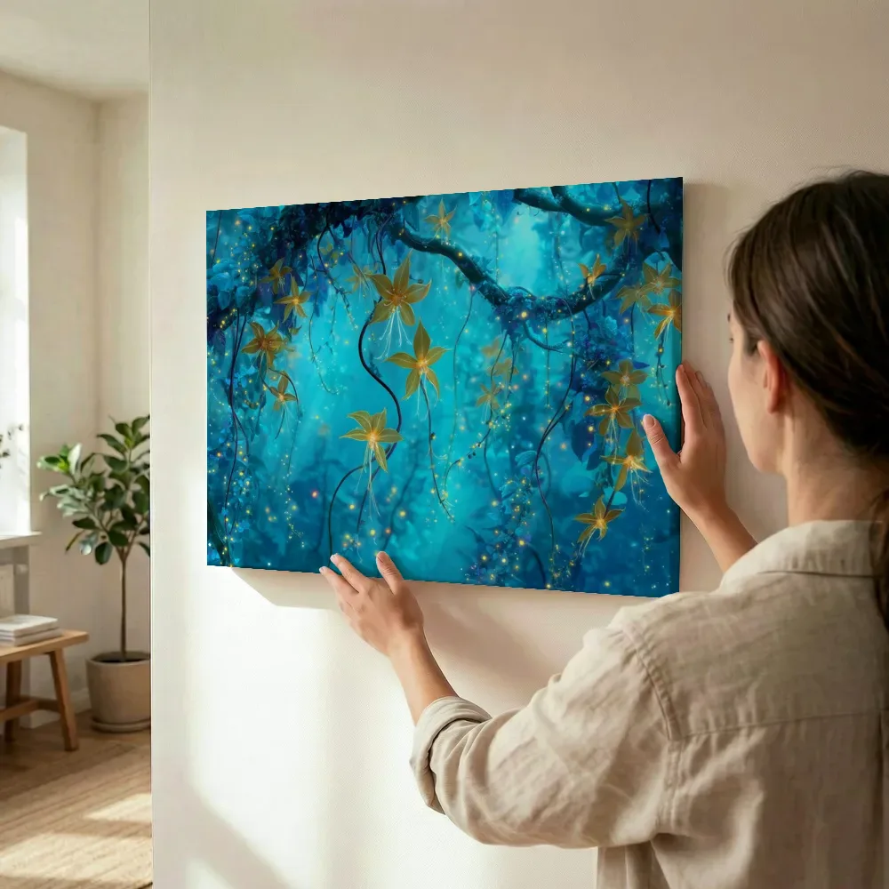 Sfeerimpressie: Gouden sterbloesems in het nachtwoud terwijl het wordt opgehangen