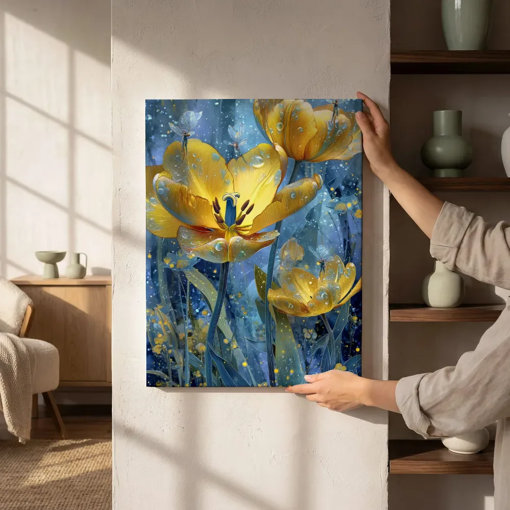Sfeerimpressie: Gouden tulpen in het sterrenstof naast de kast