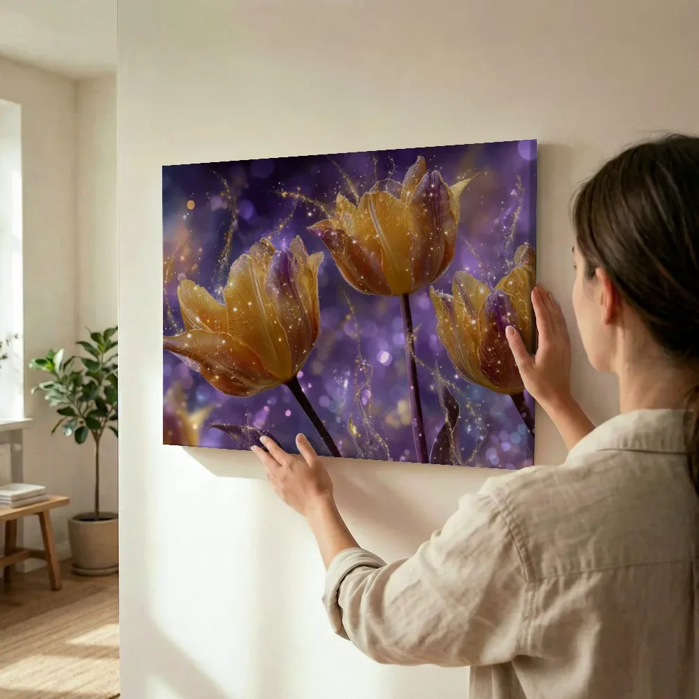 Sfeerimpressie: Gouden tulpen tegen een paarse nevel terwijl het wordt opgehangen