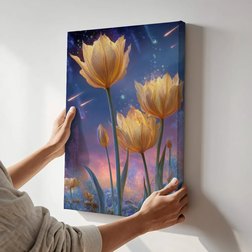 Sfeerimpressie: Gouden tulpen onder vallende sterren terwijl het aan de muur wordt gehangen