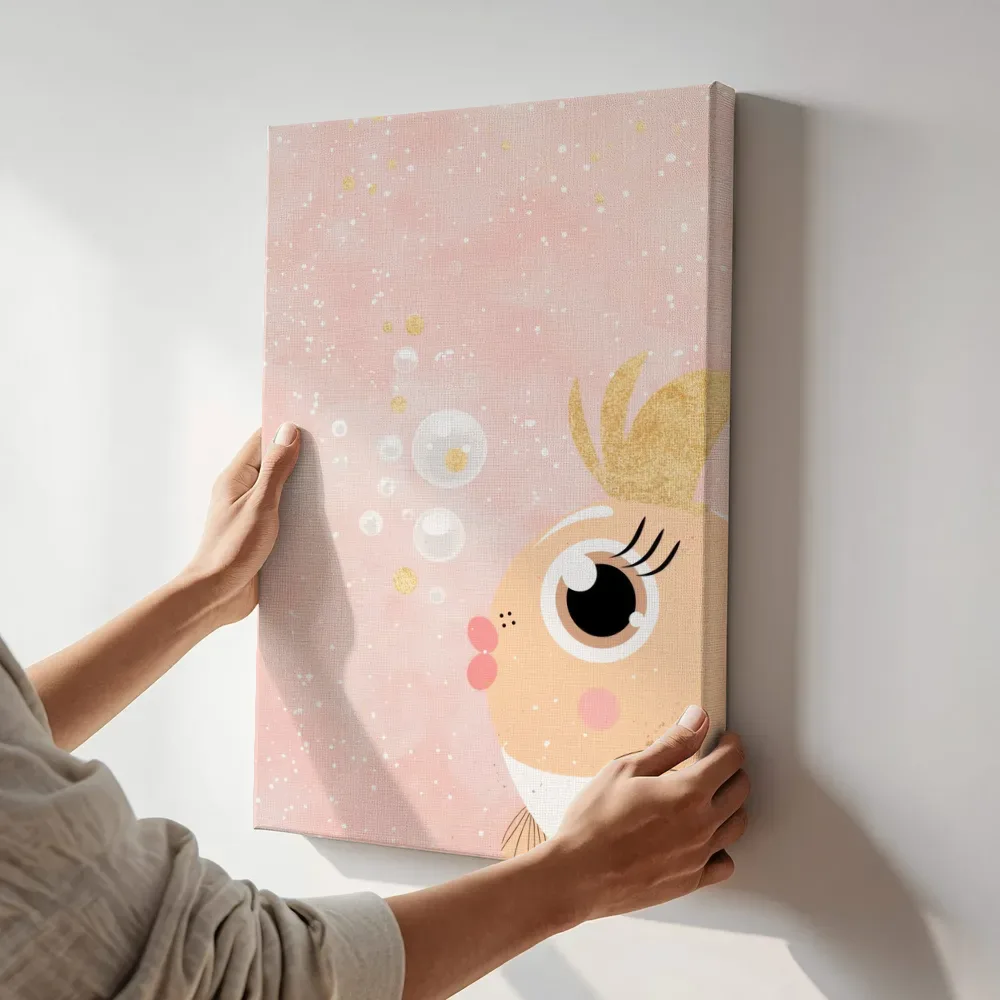 Sfeerimpressie: Gouden visje met glitterstaart terwijl het aan de muur wordt gehangen