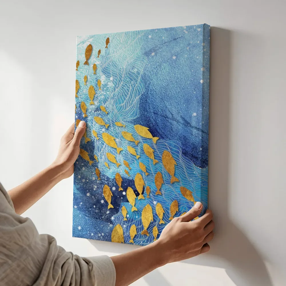 Sfeerimpressie: Gouden vissenzwerm in blauw water terwijl het aan de muur wordt gehangen
