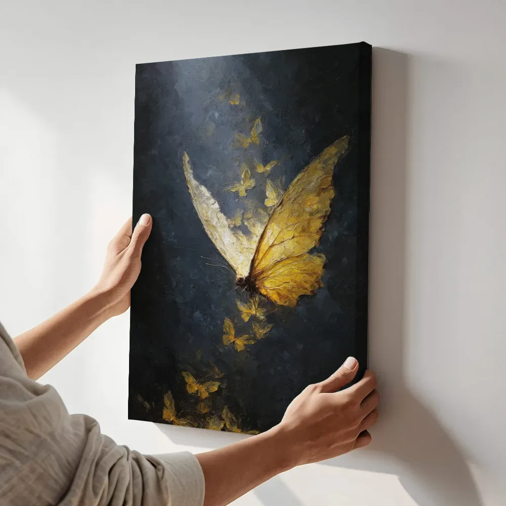 Sfeerimpressie: Gouden vlinder in het licht terwijl het aan de muur wordt gehangen