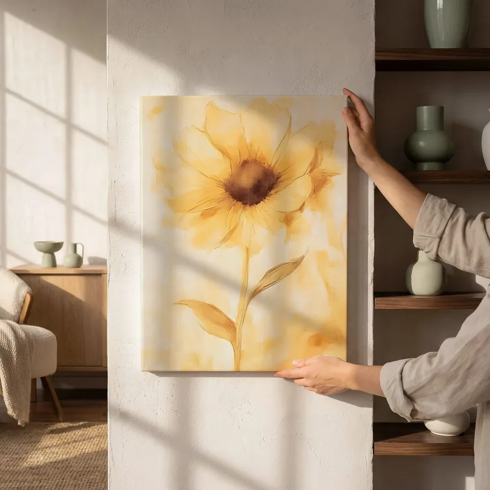 Sfeerimpressie: Gouden zonnebloem aquarel naast de kast