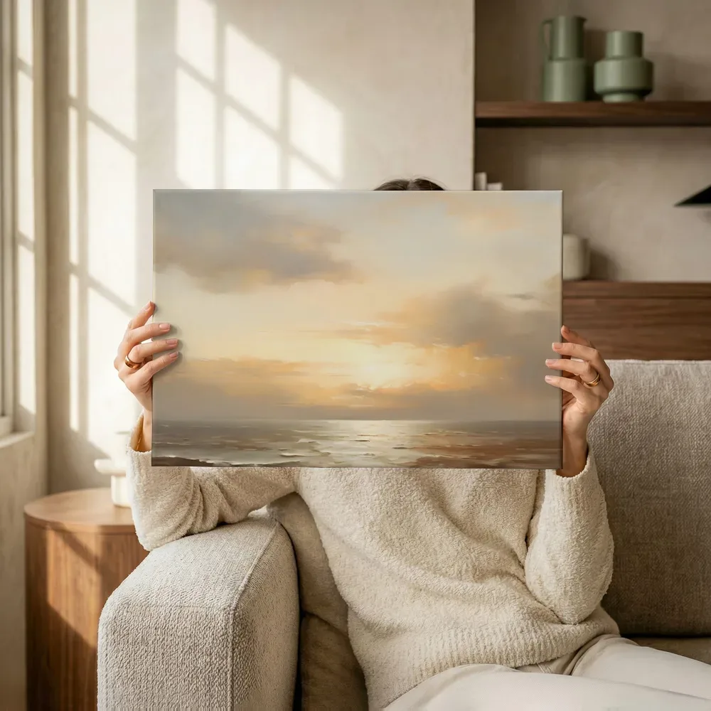 Sfeerimpressie: Gouden zonsondergang boven kalme zee terwijl het omhoog wordt gehouden