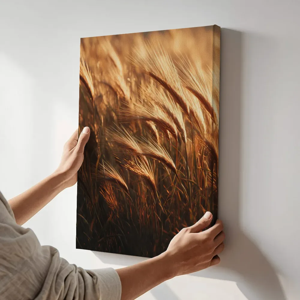 Sfeerimpressie: Goudgele korenaren in close-up terwijl het aan de muur wordt gehangen